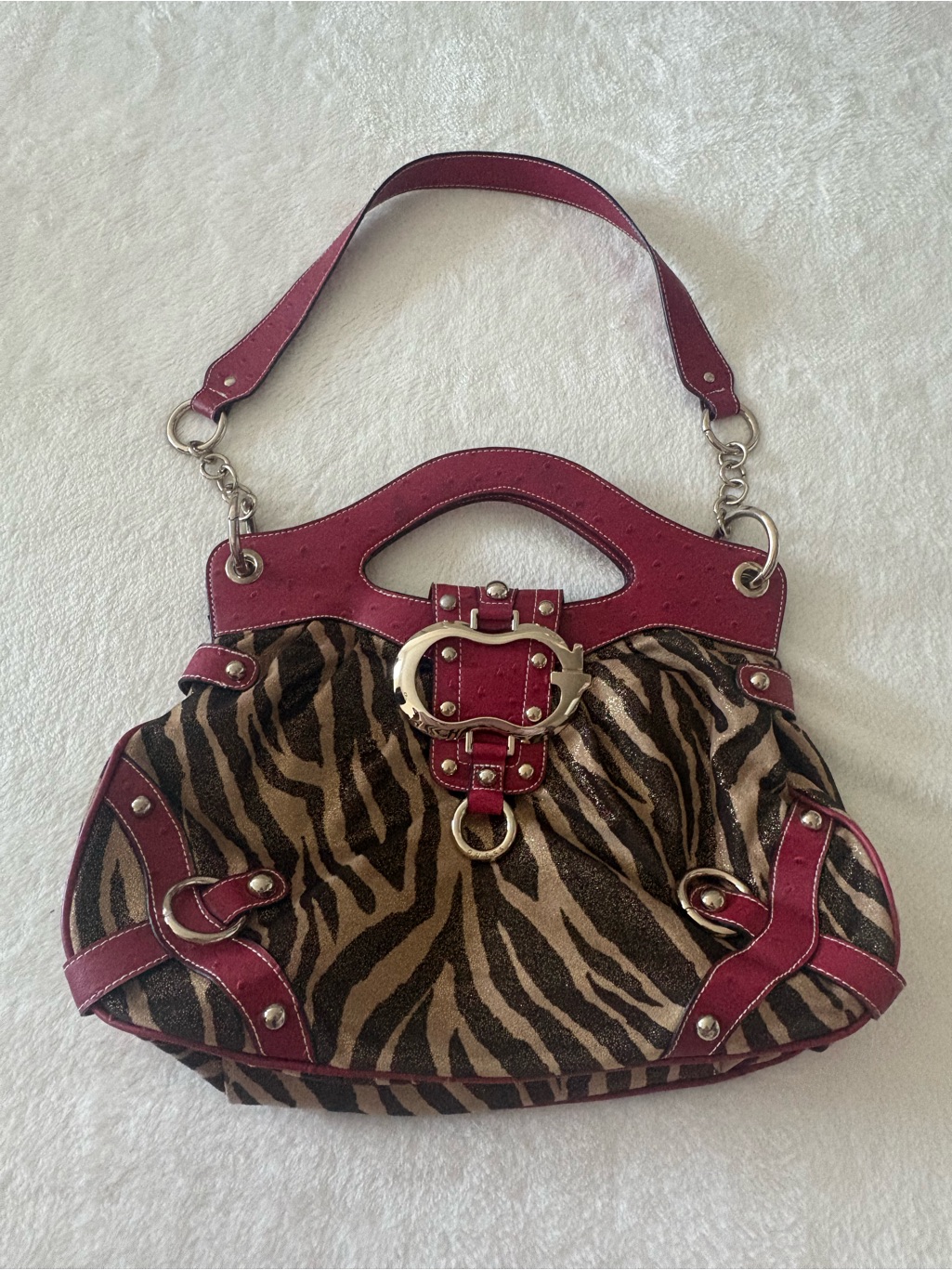 Guess Vintage 2000 Y2k Zebra-Print Shoulder Bag With Fuchsia Trim